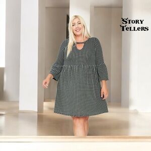 Story Tellers, Plus Size Midi Dress With 3/4 Bell Sleeves, 1X, Black & White